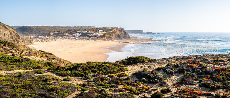 Panoramic view of Praia de Monte Clérigo beach at low tide with a small village and the vast Atlantic horizon in the background, captured on a sunny day in May with lush shrubs in the foreground.